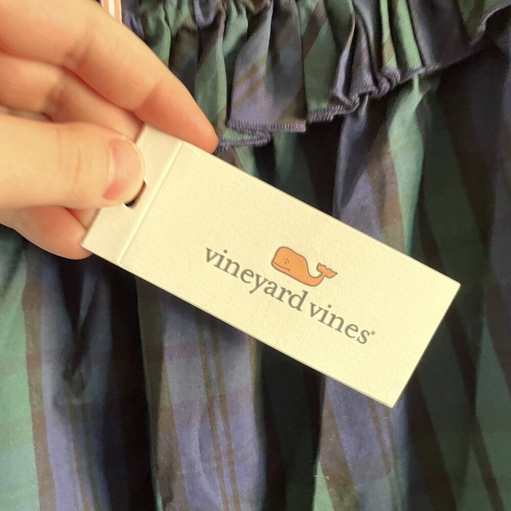 Vineyard Vines Women L Deep Bay Blackwatch Plaid Off The Shoulder Poplin Top NWT - Picture 6 of 9